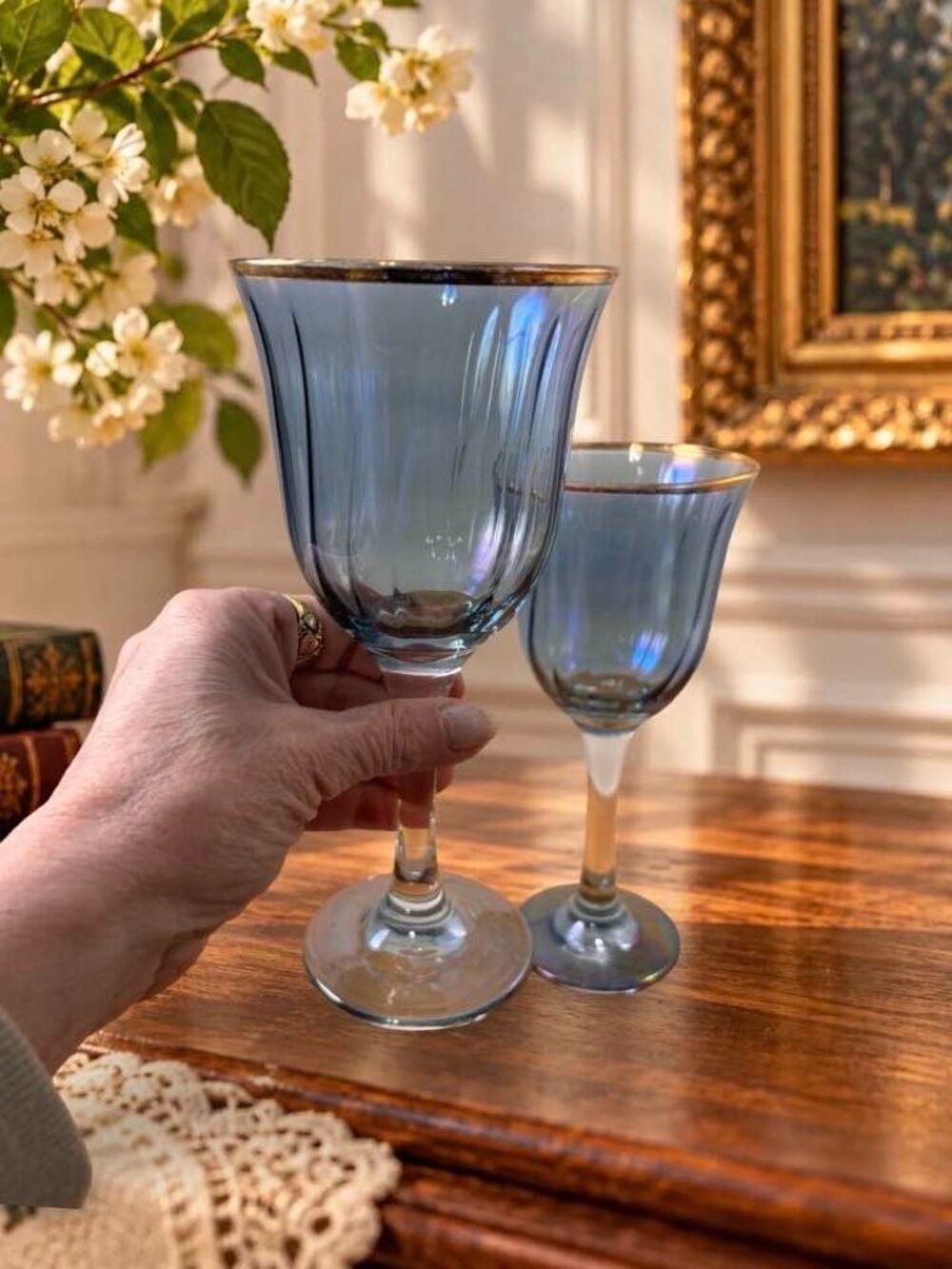 Pair Vintage Hand-Blown Smoky Blue Iridescent Optic Goblets – Gold Rim – 7¾" Art - Picture 9 of 9